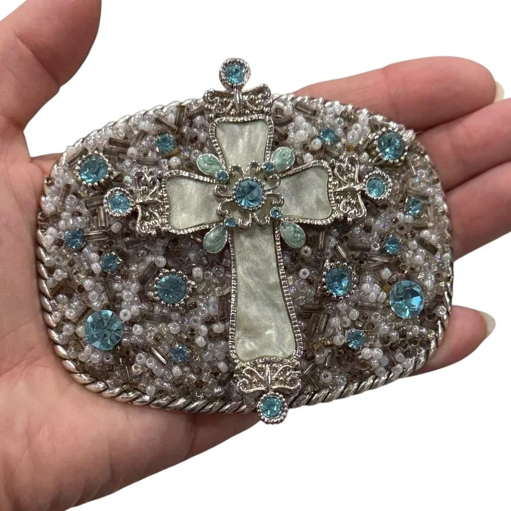 T's Buckin Buckles Cross Belt Buckle Western Christian Cowgirl Blue Rhinestone - Picture 2 of 10